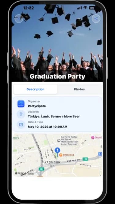 Partycipate mobile app showing event photo gallery and real-time sharing features